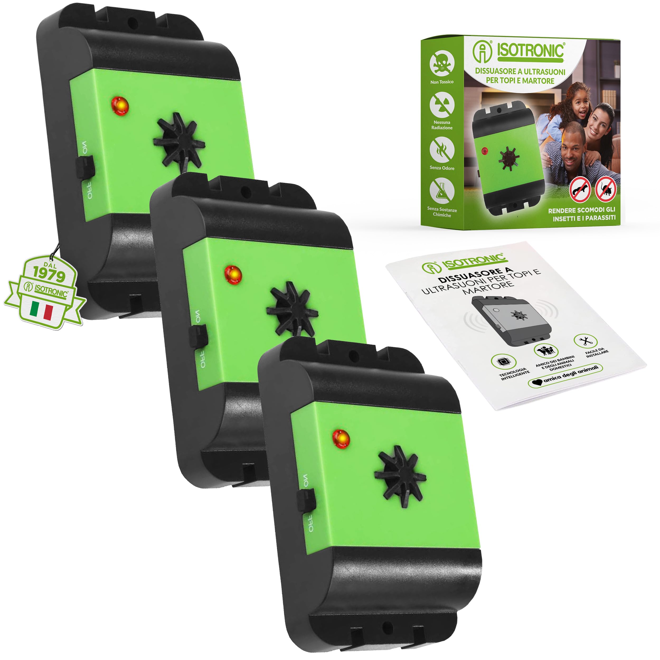 ISOTRONIC repellente martore auto batteria sensore vibrazione ultrasuoni protezione soffitte garage dissuasore raggio 40m² 3 unità efficace interno esterno difesa stop roditori mobile antiroditore