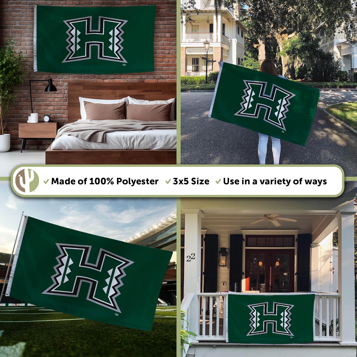 Desert Cactus University of Hawaii UH Flag - 3 x 5 Feet Warriors Banner, Indoor/Outdoor Durable Fabric, 100% Polyester Design (Style 1) - Image 3