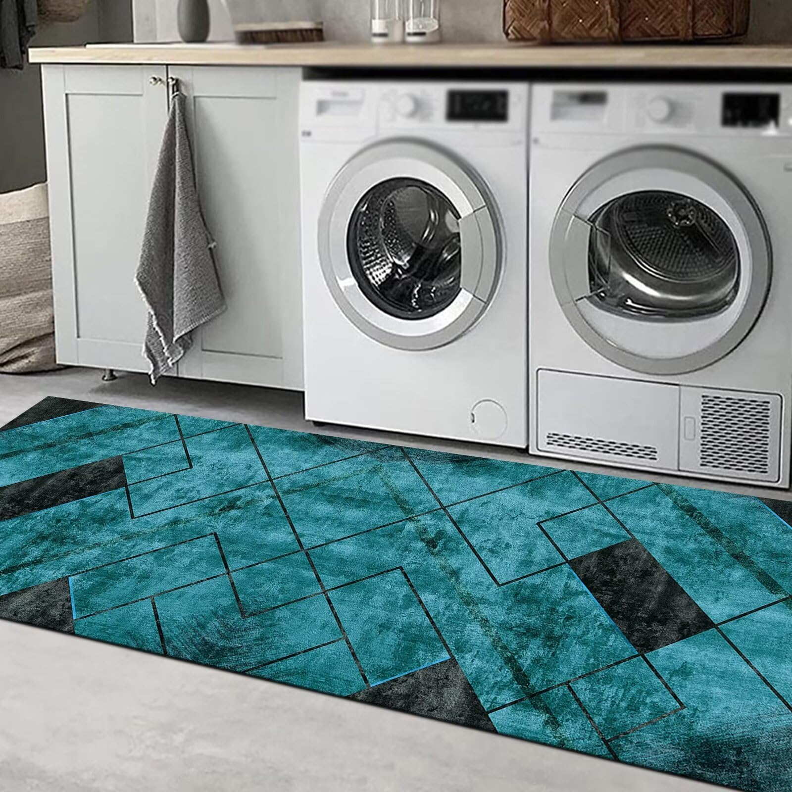 Läufer Flur Küche Waschbar rutschfest 70X140CM Teppichläufer Lang Küchenteppich Flurteppich Cyan Küchenläufer Teppichmatten Korridor Wohnzimmer Schlafzimmer Meterware Schmutzfangmatte Fußmatte