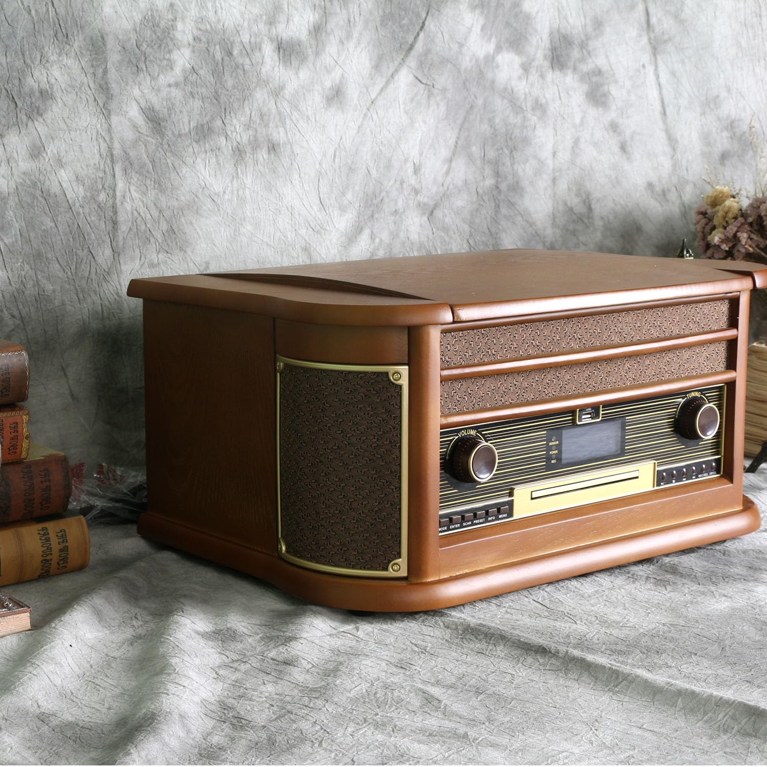 ▪️【VINTAGE SET】 Drewniany gramofon vintage 7 w 1, odtwarzacz na kasety