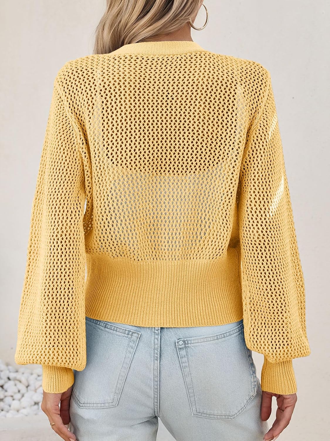 Cicy Bell Womens Cropped Crochet Cardigans Hollow Out Button Down Lantern Sleeve Knit Sweaters Casual Mesh Loose Fit Cover Up