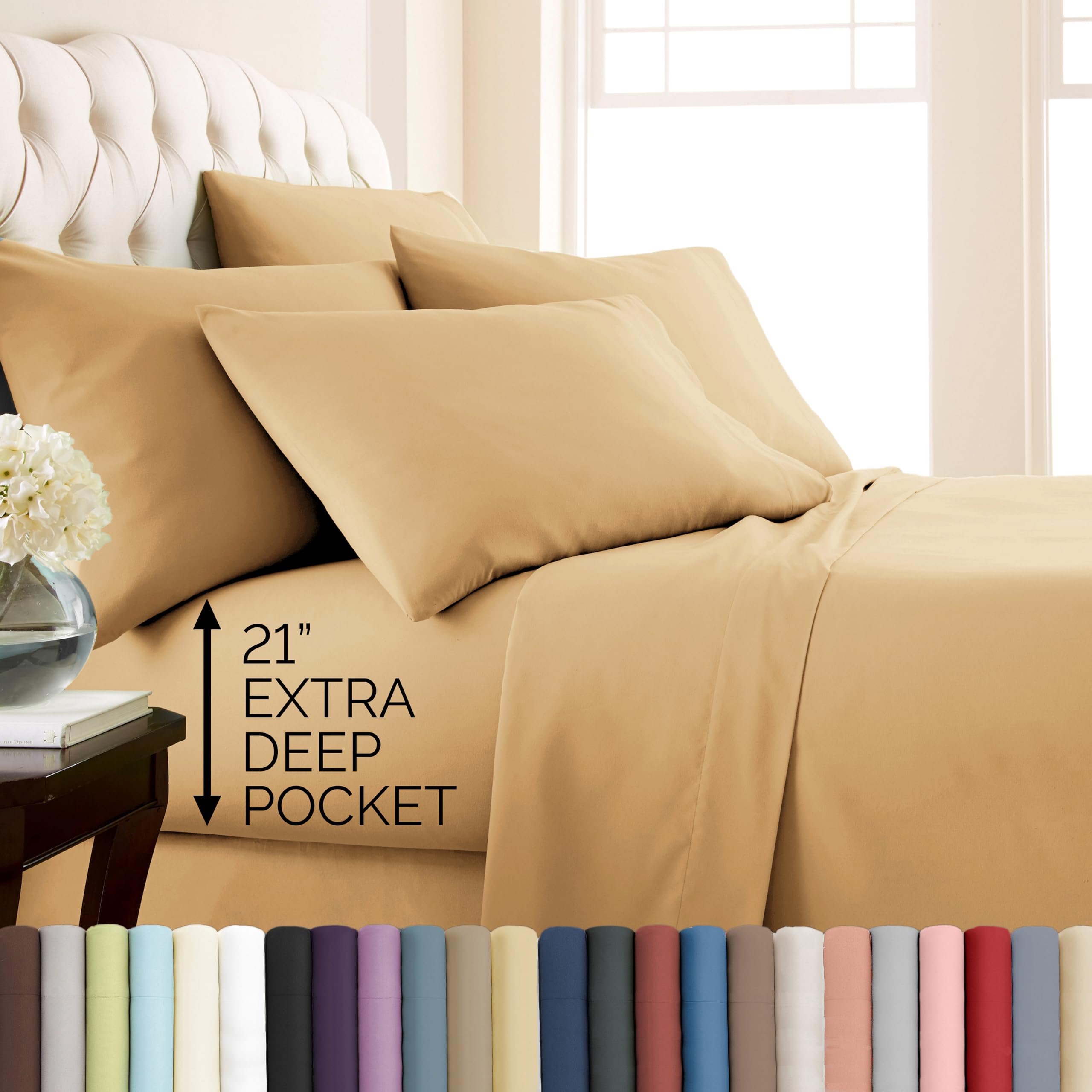 Southshore Fine Living, Inc. 6-Piece King Bedding Set, 21-Inch Deep Pocket King Sheet Set, Fitted and Flat Sheet, Microfiber Sheets, Premium Bedding, Gold Pillow Cases, Gold Sheets