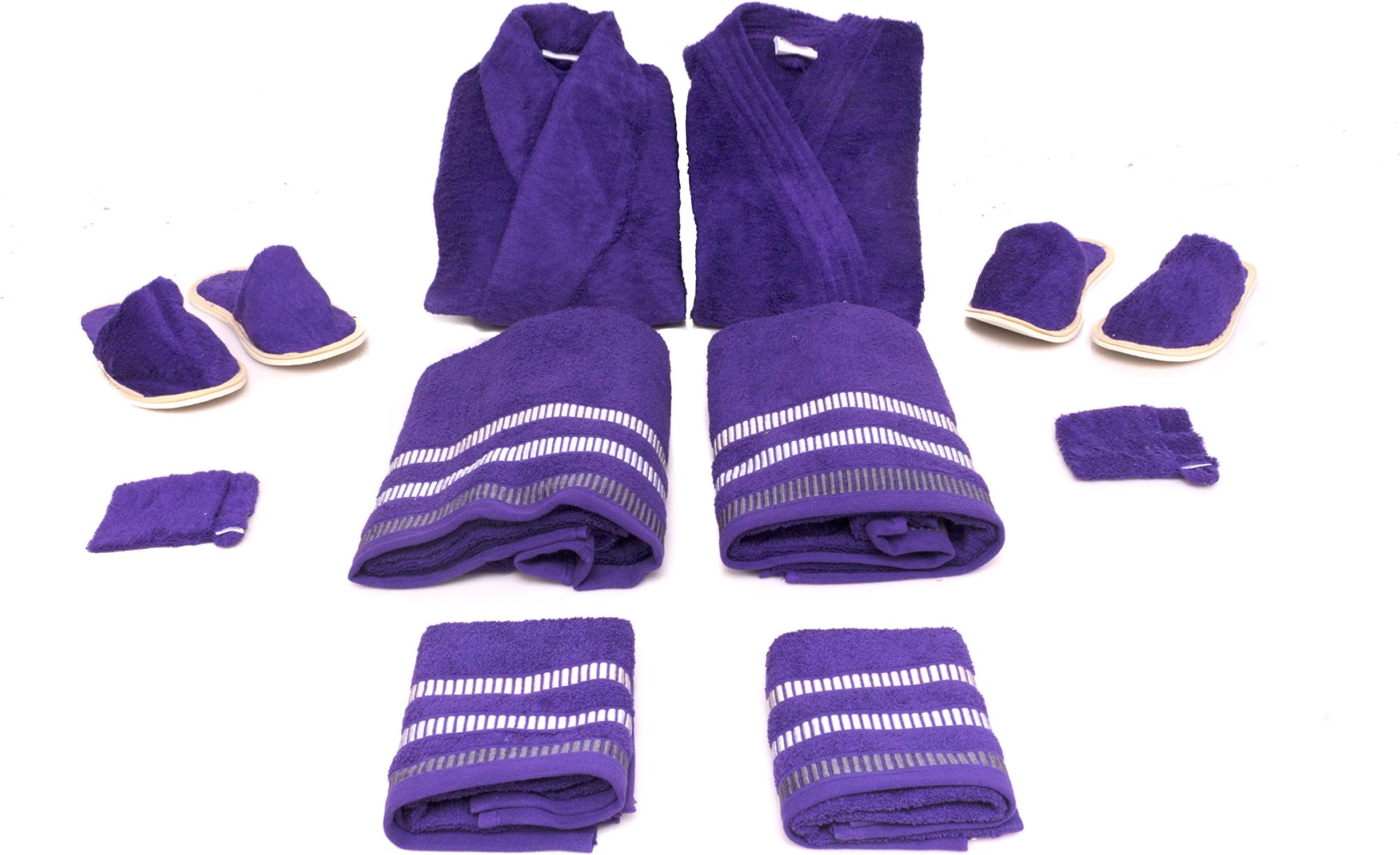 KOYOKA Rock Daniel Luxury Cotton Bathrobe Set 1 Male, 1 Female Bathrobes, 2 Big Towel, 2 Hand Towels, 2 Slippers, 2 Soap Pouches (Purple, Free Size) -10 Pieces