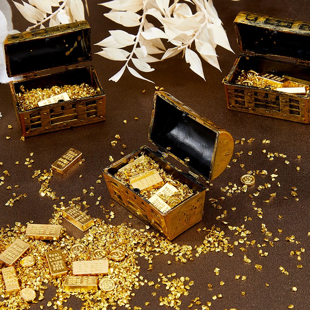 DICOSMETIC 3 Sets Tiny Faux Gold Treasure Chest Including Faux 60Pcs Gold Bars and Coins 16.8g Golden Particles Miniature Treasure Chest Set Mini Vintage Pirate Jewelry Storage Box for DIY Crafts - Image 4