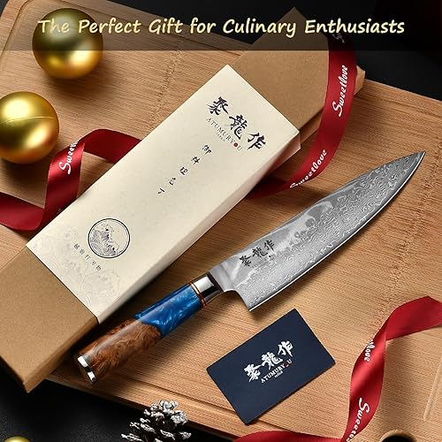 Miniatura 7 de Cuchillo de Chef Japonés, Cuchillo de Cocina Damasco de 8 Pulgadas con Acero VG10, Cuchillo Afilado Hecho a Mano con Mango Ergonómico, Cuchillos de