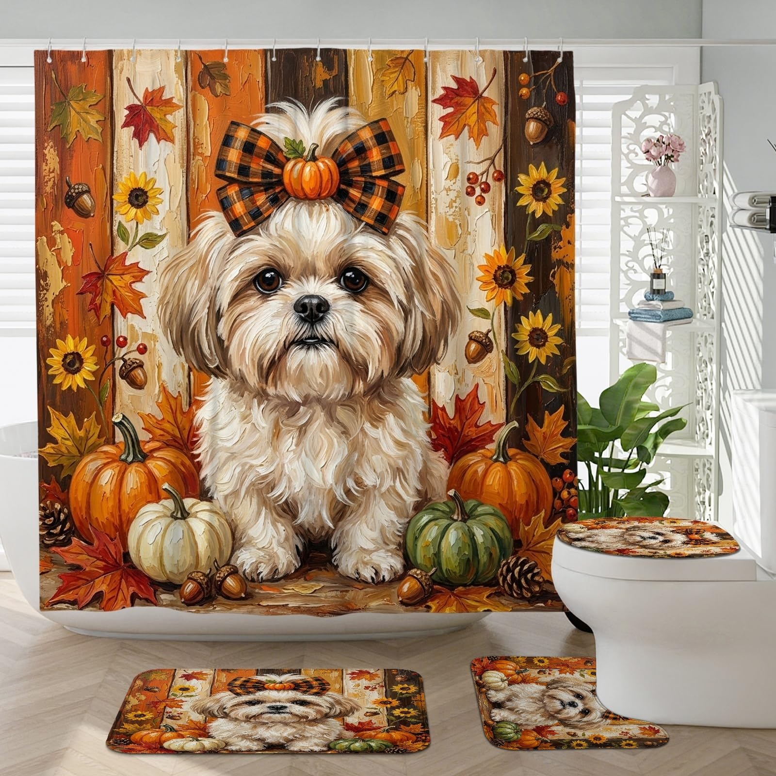 Tapis Shih Tzu et décor bois de ferme pour votre bain d'automne