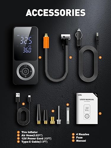 Miniatura 2 de SMART JERRY - Compresor de aire portátil para inflador de neumáticos  Mini bomba de neumáticos inalámbrica para bicicleta con medidor  Compresor de