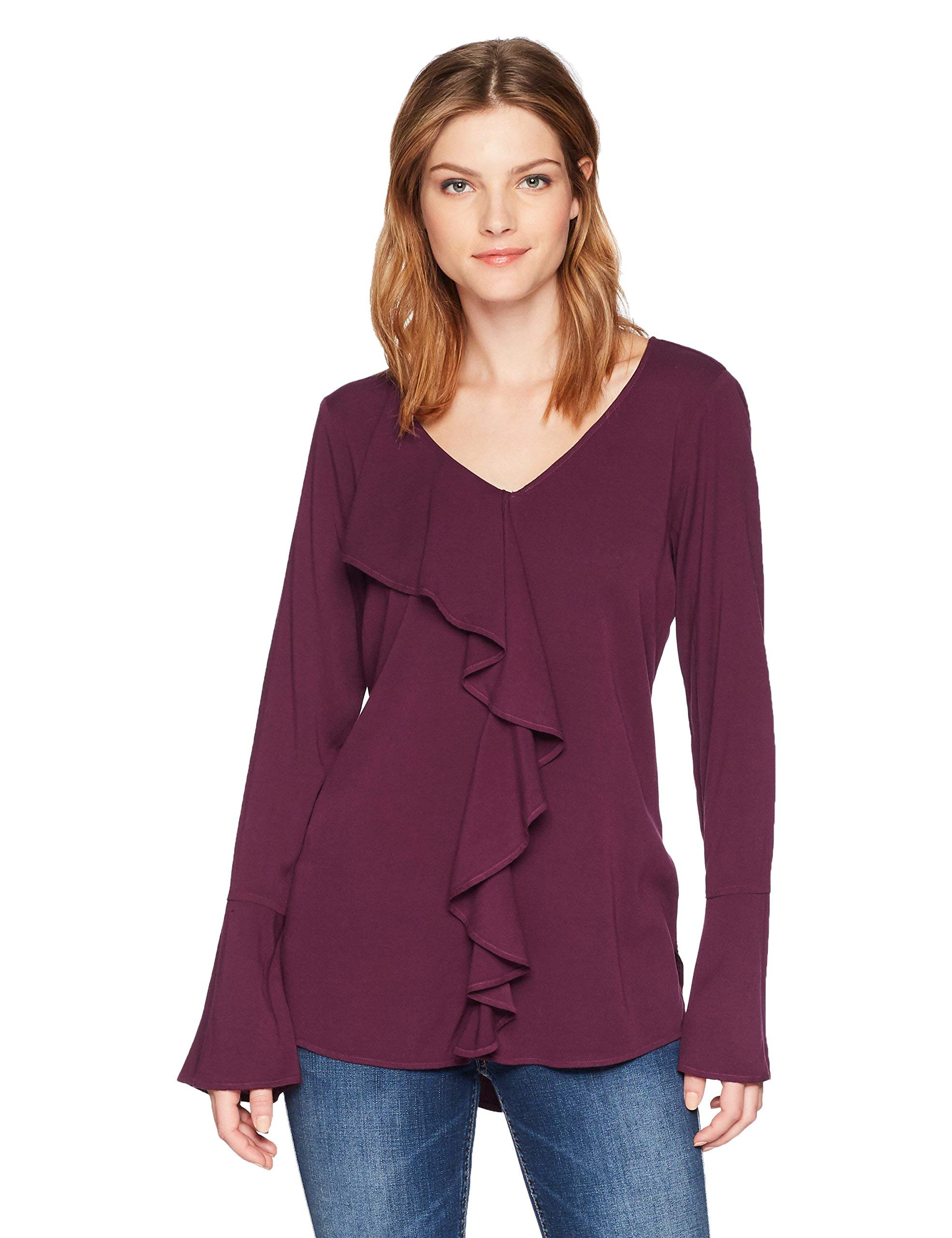 Michael Starswomens Rylie Rayon Long Sleeve V-neck Ruffle Tunic Blouse