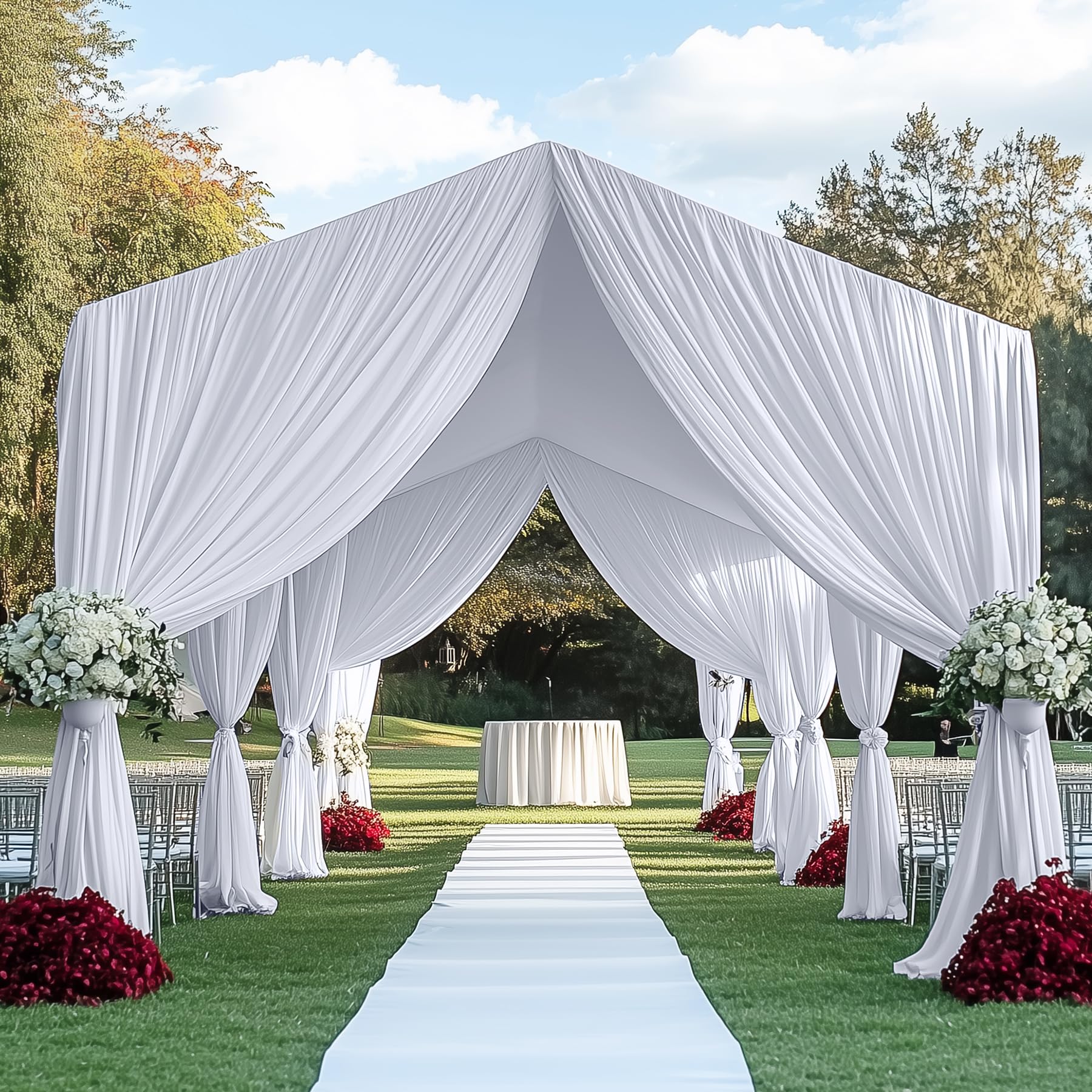 Htper 12 Panels 5x40ft White Ceiling Drapes for Wedding, Wrinkle Free Thick Polyester 40 ft Long Canopy Tent Draping Ceiling Curtains Arch Drapery for Birthday Party Event Venue Decoration