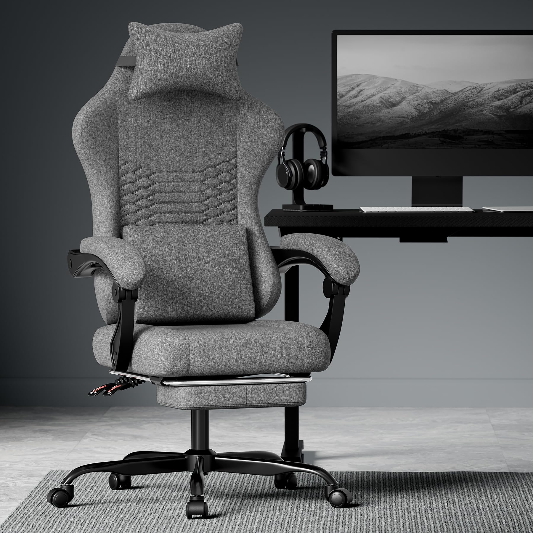 Fotel gamingowy z materiału z funkcją masażu i zagłówkiem – ergonomiczne siedzisko dla graczy z wysuwanym podnóżkiem, wygodne krzesło biurowe, ciemnoszare