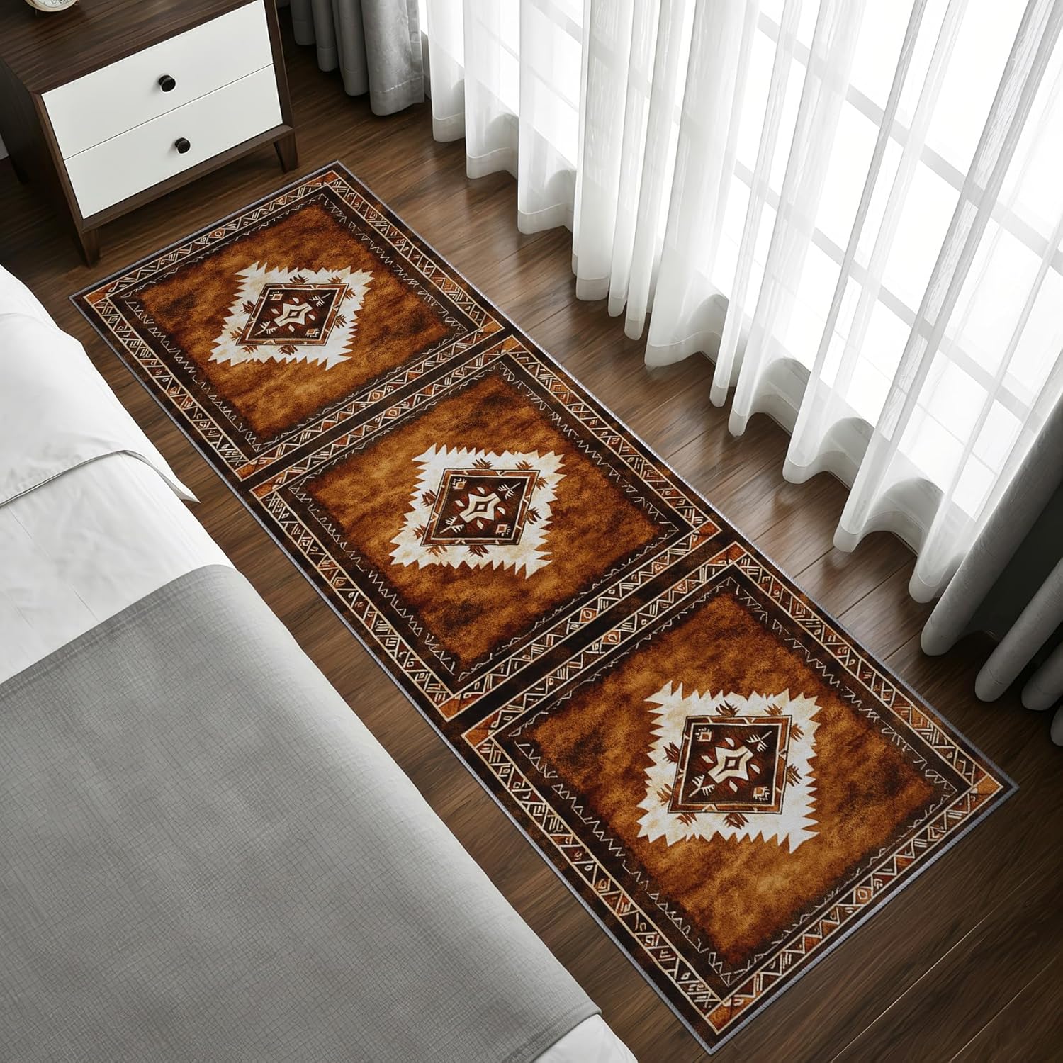 Aztec Runner Rug - 2x6 Runner Rug, Rustic Tribal Rugs for Bedroom, Boho Farmhouse Area Rugs for Entryway, Brown Geometric Carpet Washable Non Slip Kitchen Runners - Western Navajo Home Decor