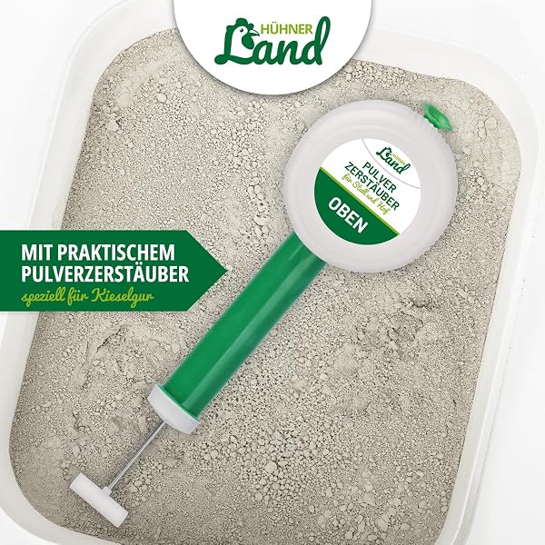 HÜHNER Land Kieselgur für Hühner 4,3kg INKLUSIVE Pulverzerstäuber - Reines Kieselgur Hühner Pulver, Kieselerde Pulver, Naturprodukt für Hühnerstall, Laborgeprüft für Geflügel Betriebe - 4