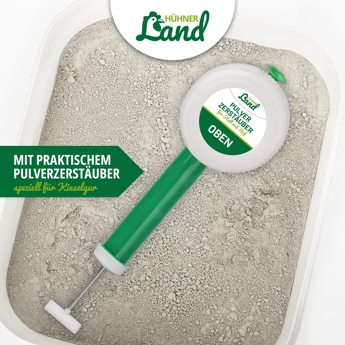 HÜHNER Land Kieselgur für Hühner 4,3kg INKLUSIVE Pulverzerstäuber - Reines Kieselgur Hühner Pulver, Kieselerde Pulver, Naturprodukt für Hühnerstall, Laborgeprüft für Geflügel Betriebe