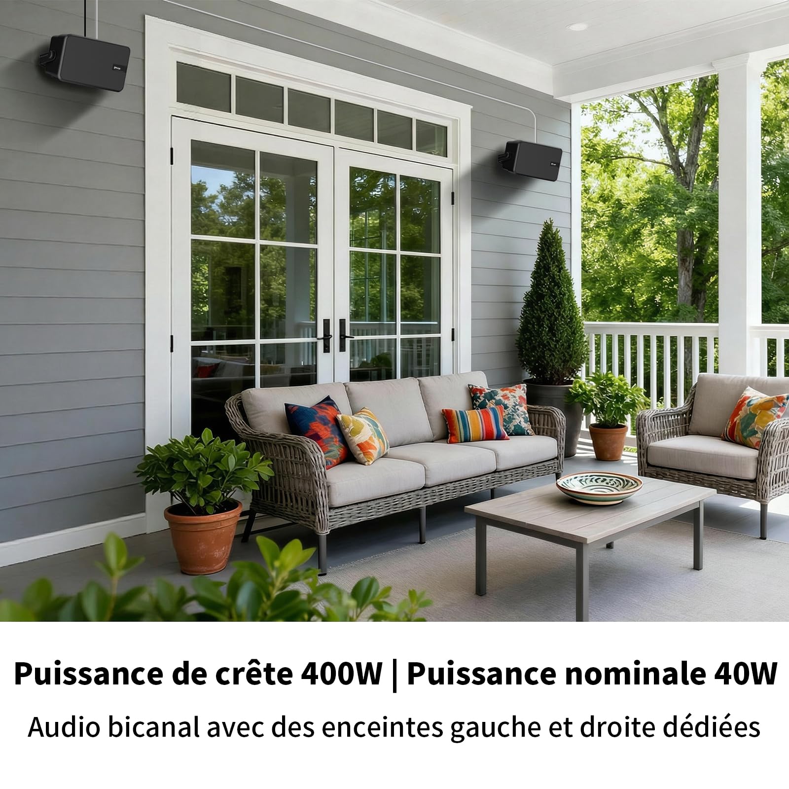 Enceinte Bluetooth Extérieur, Enceinte Murale Active + Passive, Prise en Charge Bluetooth et Entrée Aux, Amplificateur Intégré, Adaptée pour Terrasse, Véranda, Garage, Pack de 2 (MZ-622)