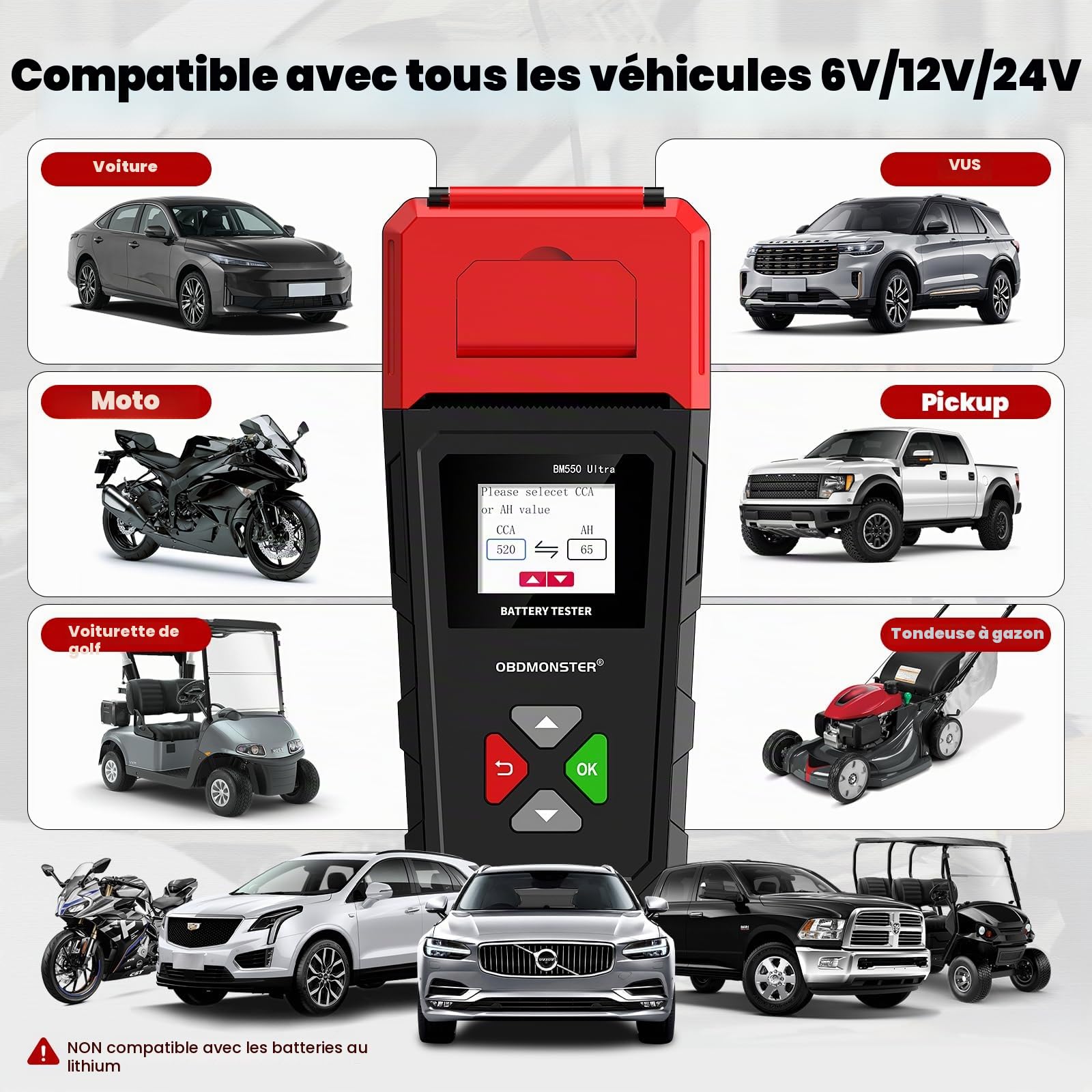 BM550U Testeur Batterie Voiture avec Imprimante Intégrée,Testeur De Batterie Voiture 6v 12v 24v,100-2000 CCA 2-200AH Testeur D’Alternateur Automobile,Pour Voiture Camion Suv Moto Bateau