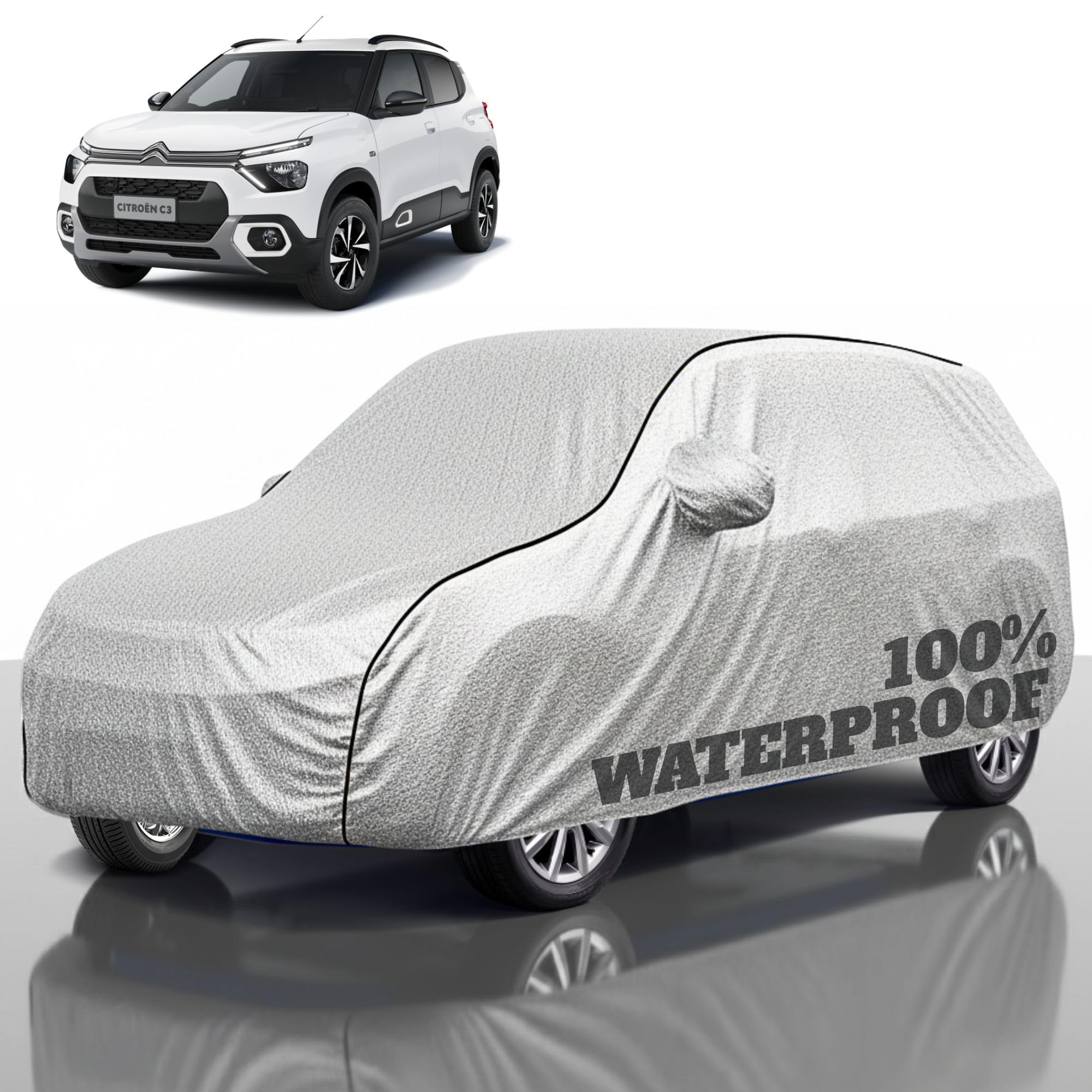 Premium Polyester Car Cover Citron c3 All-Weather Protection from Rain, Dust &amp; Sun | UV Resistant Fabric | Full Body Secure Fit for Outdoor &amp; Indoor Parking Silver