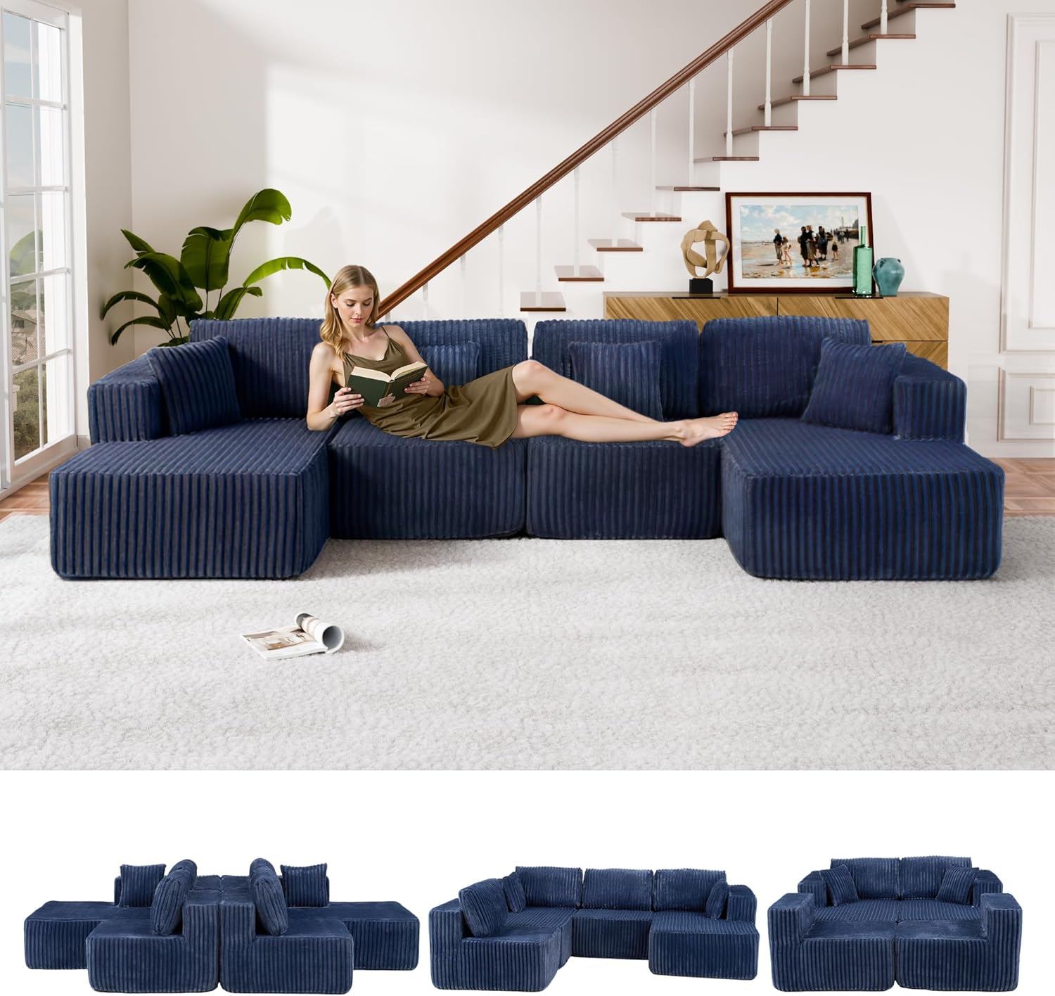 132" U Shaped Couch, Modular Sectional Sofa with Chaise, Corduroy U Shaped Boneless Couch with Deep Seat, Upholstered Modular Cloud Sofa for Living Room, No Assembly Required, Blue