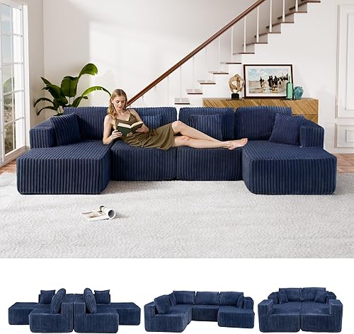 Miniatura 11 de Sofá en forma de U de 132", modular seccional con chaise, sofá sin costuras en forma de U de franela con asiento profundo, sofá modular acolchado en