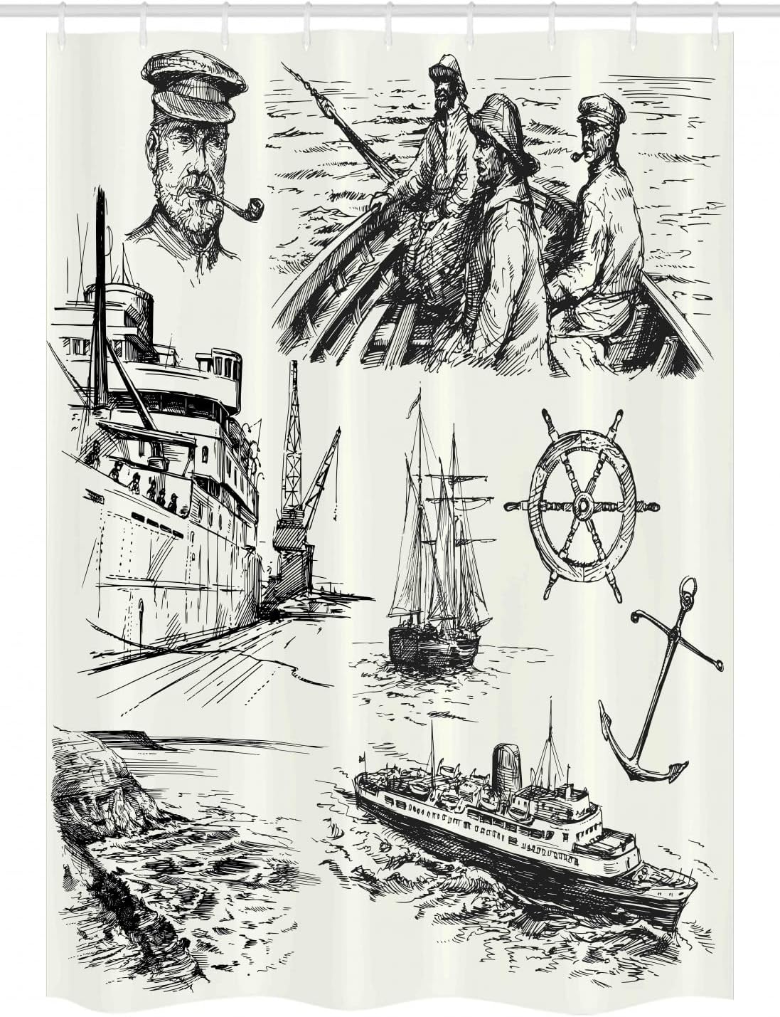 Ambesonne Nautical Stall Shower Curtain, Fisherman Captain Seaman Sailboat Old Historic Sketch Monochromic Style Artwork, Fabric Bathroom Decor Set with Hooks, 54" W x 78" L, Black White