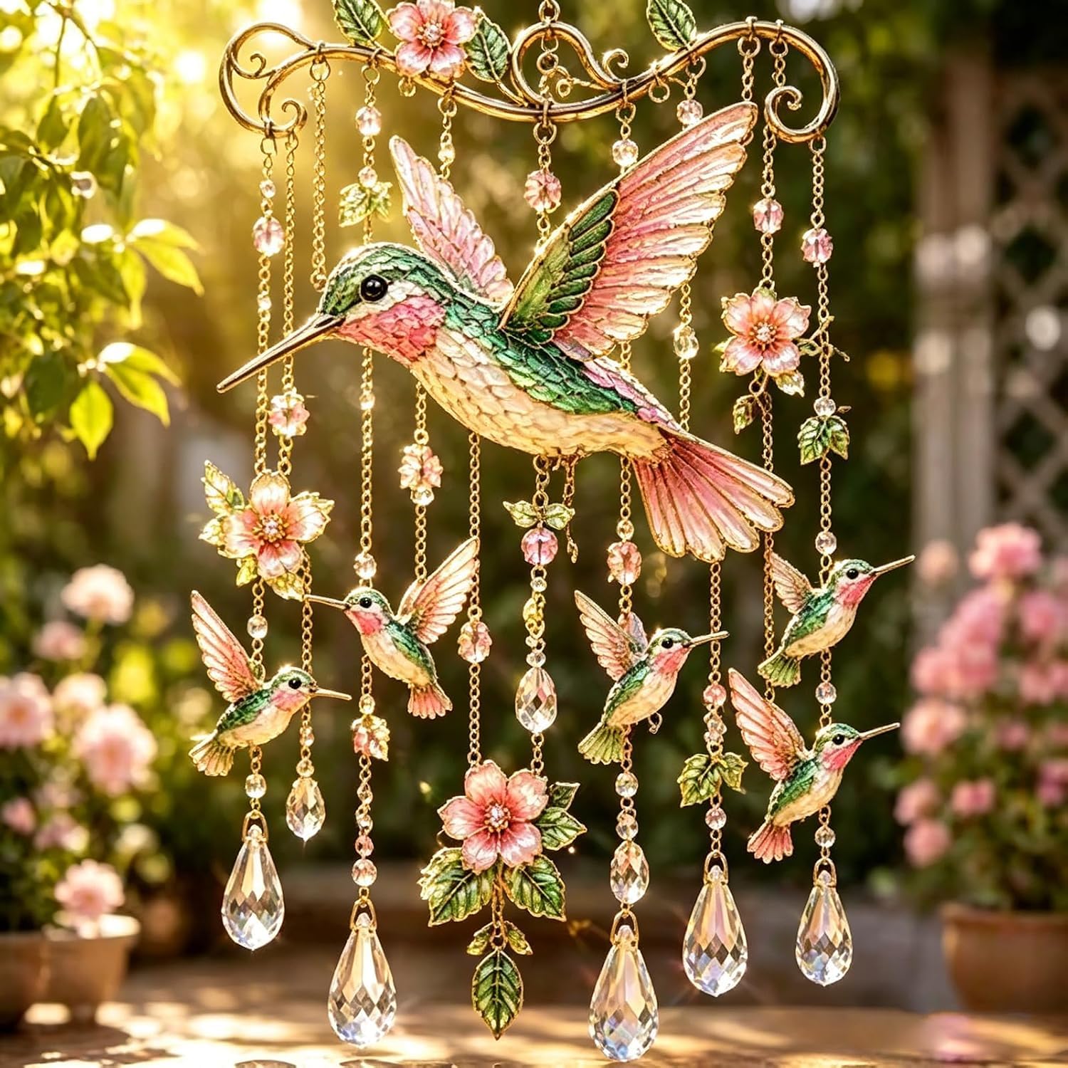 Graceful Hummingbird Wind Chime, Graceful Stained Glass & Crystal Sun Catcher Windchime, Colorful Bird Yard Decorations Outdoor, Memorial Gardening Gift for Women, Mom, Grandma Nature Lovers (F)