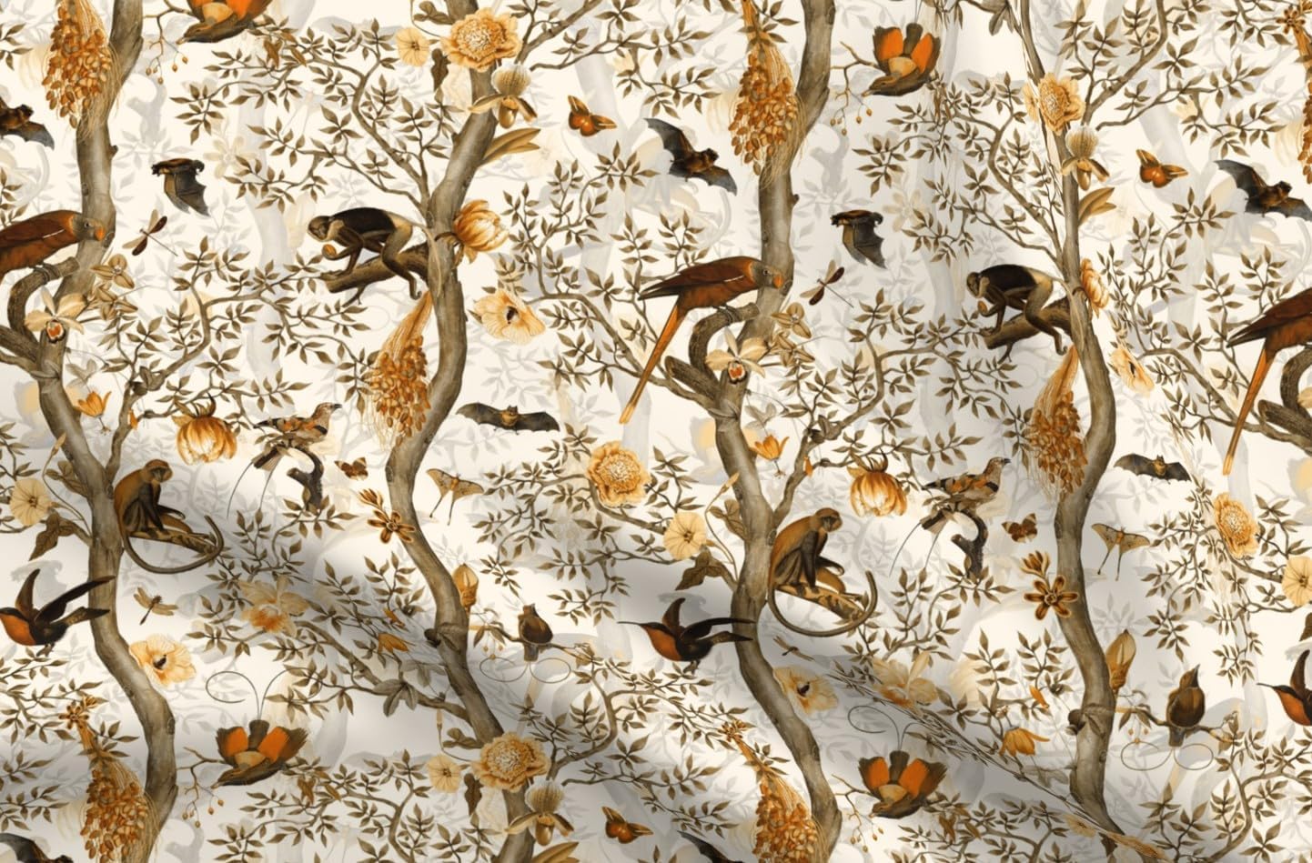 Spoonflower Fabric - Sepia Victorian Vintage Animals Chinoiserie Flowers Nocturnal Exotic Printed on Petal Cotton Fabric Fat Quarter - Sewing Quilting Apparel Crafts Decor