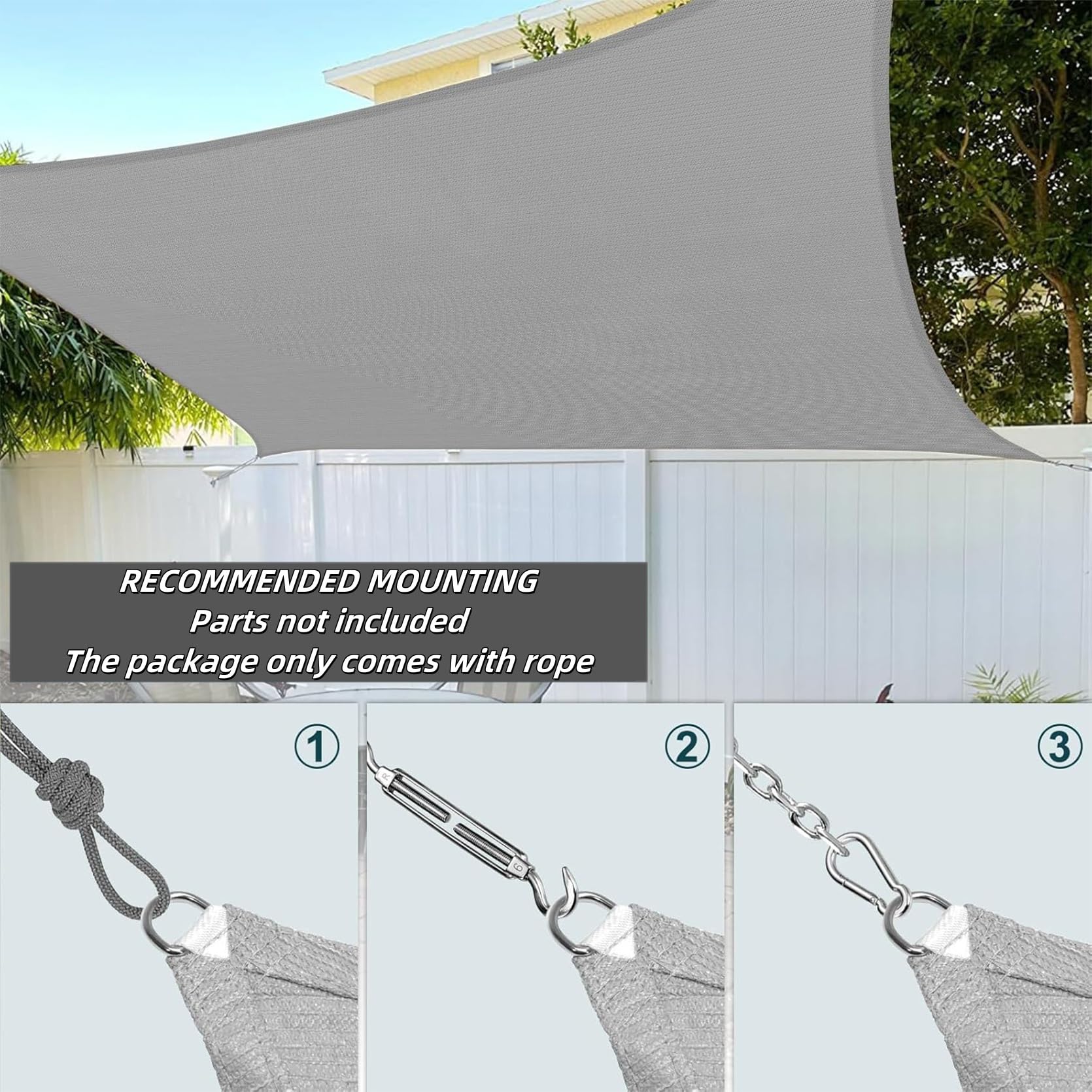 Tenda a Vela Parasole 180 x 300 cm, 95% Protezione Solare, Traspirante, Anti Uv, Antistrappo, Telo Ombra Telone Tenda a Vela, per Giardino, Terrazza, Grigio Chiaro