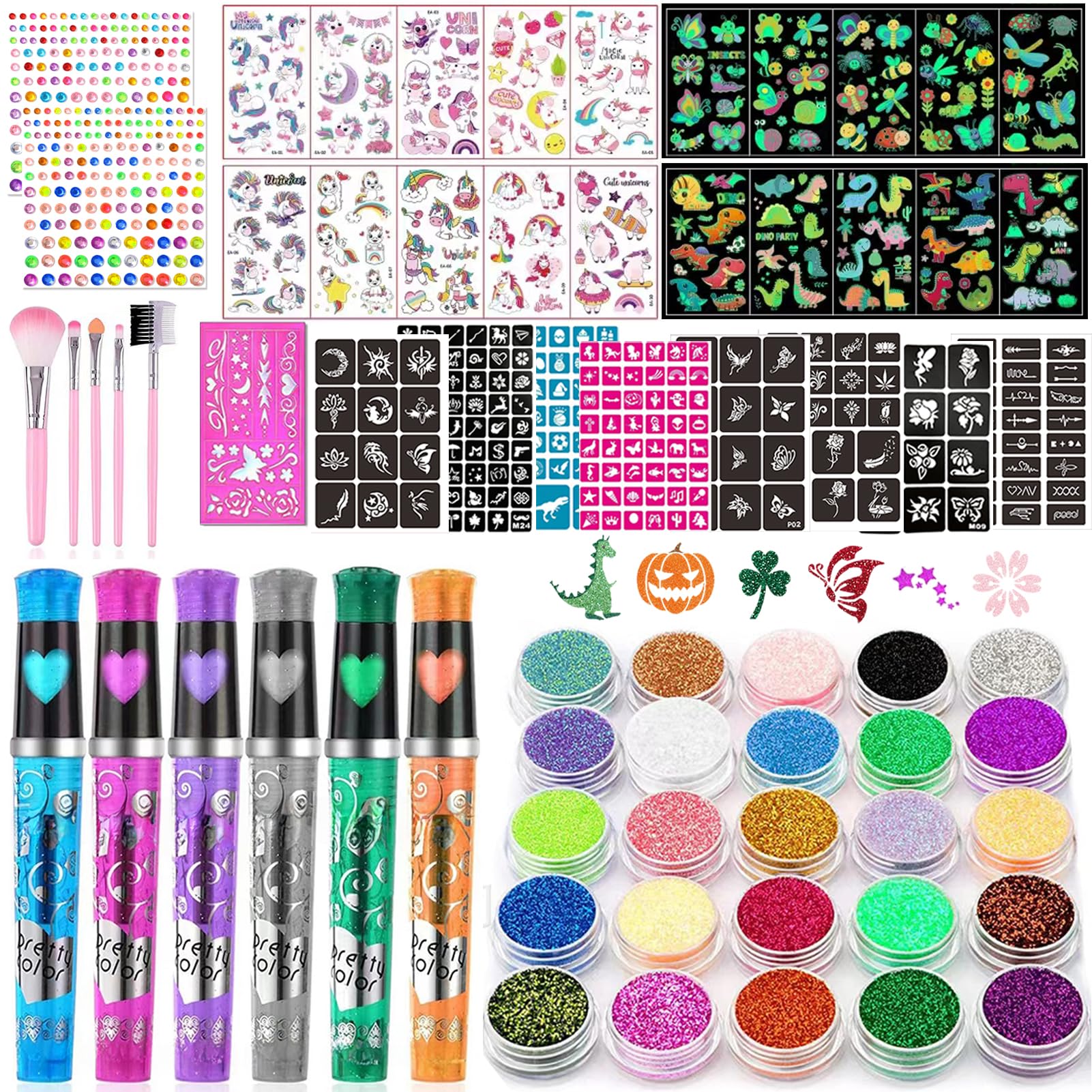 Kit De Tatuajes De Purpurina Para Niños – 25 Colores, 225 Plantillas Y Rotuladores, Ideal Para Halloween Y Cumpleaños