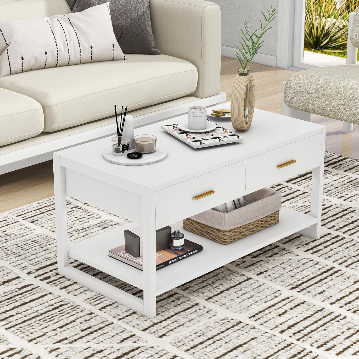 Coffee Table with Sensor Light - Modern Storage Coffee Table with Drawers and Shelf for Living Room, Office, Outdoor