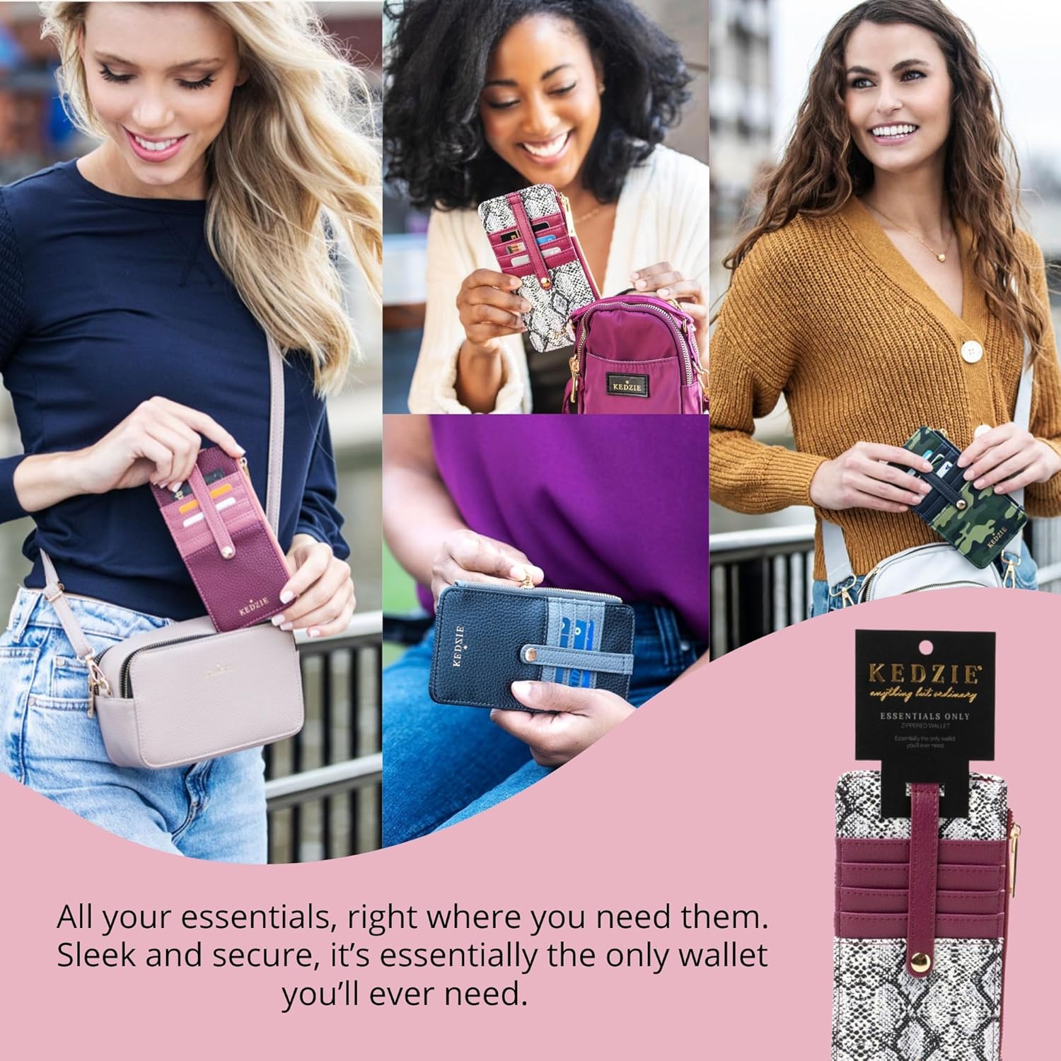 KEDZIE Essentials Only Women's Zippered Wallet in Vegan Leather Small Card Holder Wallet Exterior ID Window - Coral - Image 5