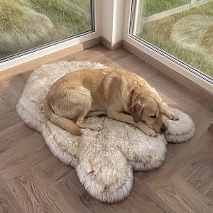 Faux Fur Orthopedic Dog Bed, Memory Foam, White w/Brown Tips 50"x30" | Plush Washable Dog Rug with Waterproof Machine Washable Cover, Calming for Anxious Senior Dogs, Relieves Joints