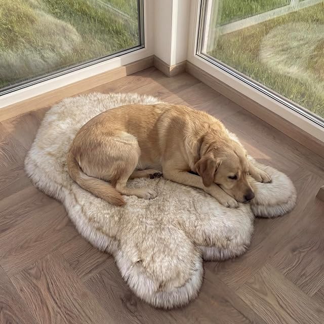 Faux Fur Orthopedic Dog Bed, Memory Foam, White w/Brown Tips 50"x30" | Plush Washable Dog Rug with Waterproof Machine Washable Cover, Calming for Anxious Senior Dogs, Relieves Joints