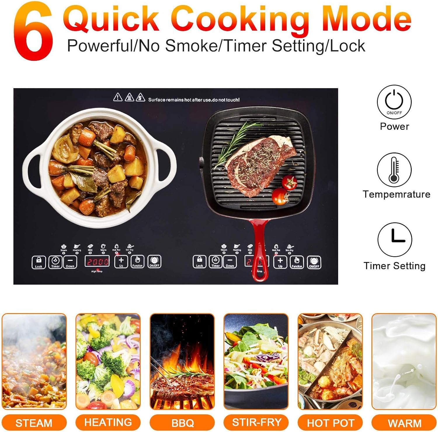 24 Inch Double-Head Electric Ceramic Stove - Touch Control 4000W Kitchen Stove -110V Kitchen Stove With Touch Control Top Stove For Tin Foil Casserole And Stone Pot Bibimbap Fry Simmer Steam Slow Cook