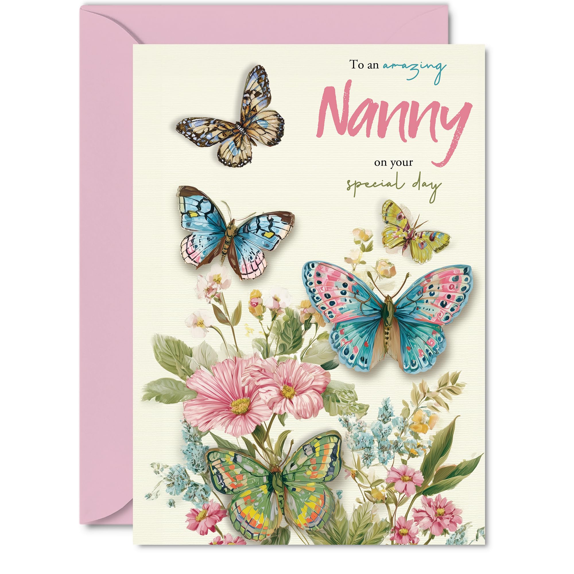 Nanny Birthday Card - Beautiful Butterflies - Happy Birthday Card for Nanny from Grandson Granddaughter, A5 Elegant Pastel Butterfly Mother's Day Greeting Cards