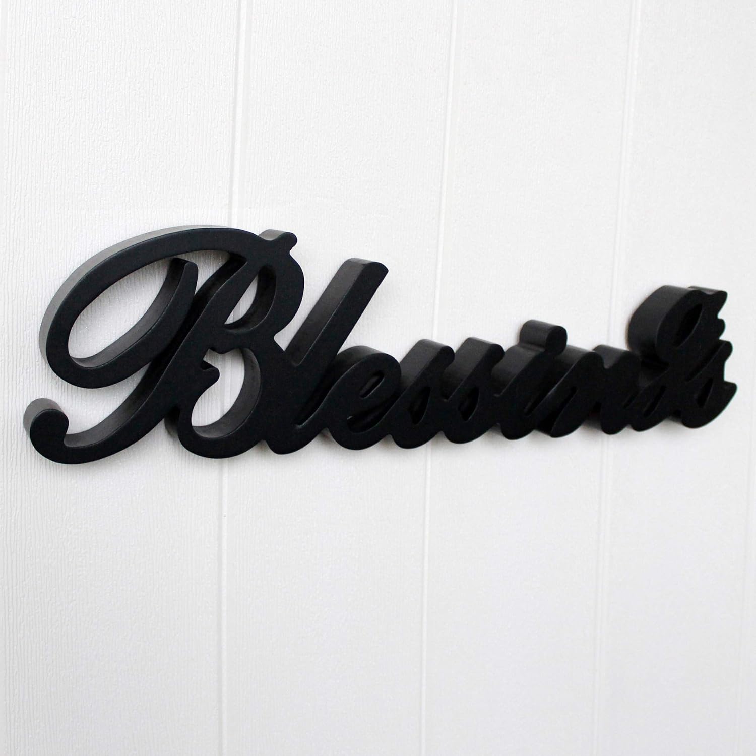 CVHOMEDECO. Matt Black Wooden Words Sign Free Standing "Blessings" Desk/Table/Shelf/Home Wall/Festival Decoration Art, 16 x 4-1/4 x 1 Inch