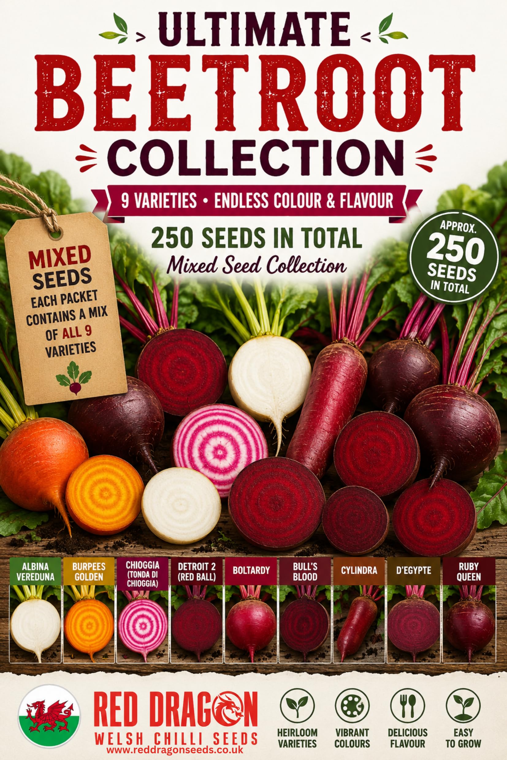 Ultimate Beetroot Collection Seeds for Growing – 250 Mixed Seeds (9 Varieties) – Albina Vereduna, Boltardy, Bull's Blood, Burpees Golden, Chioggia, Cylindra, D'Egypte, Detroit 2 & Ruby Queen