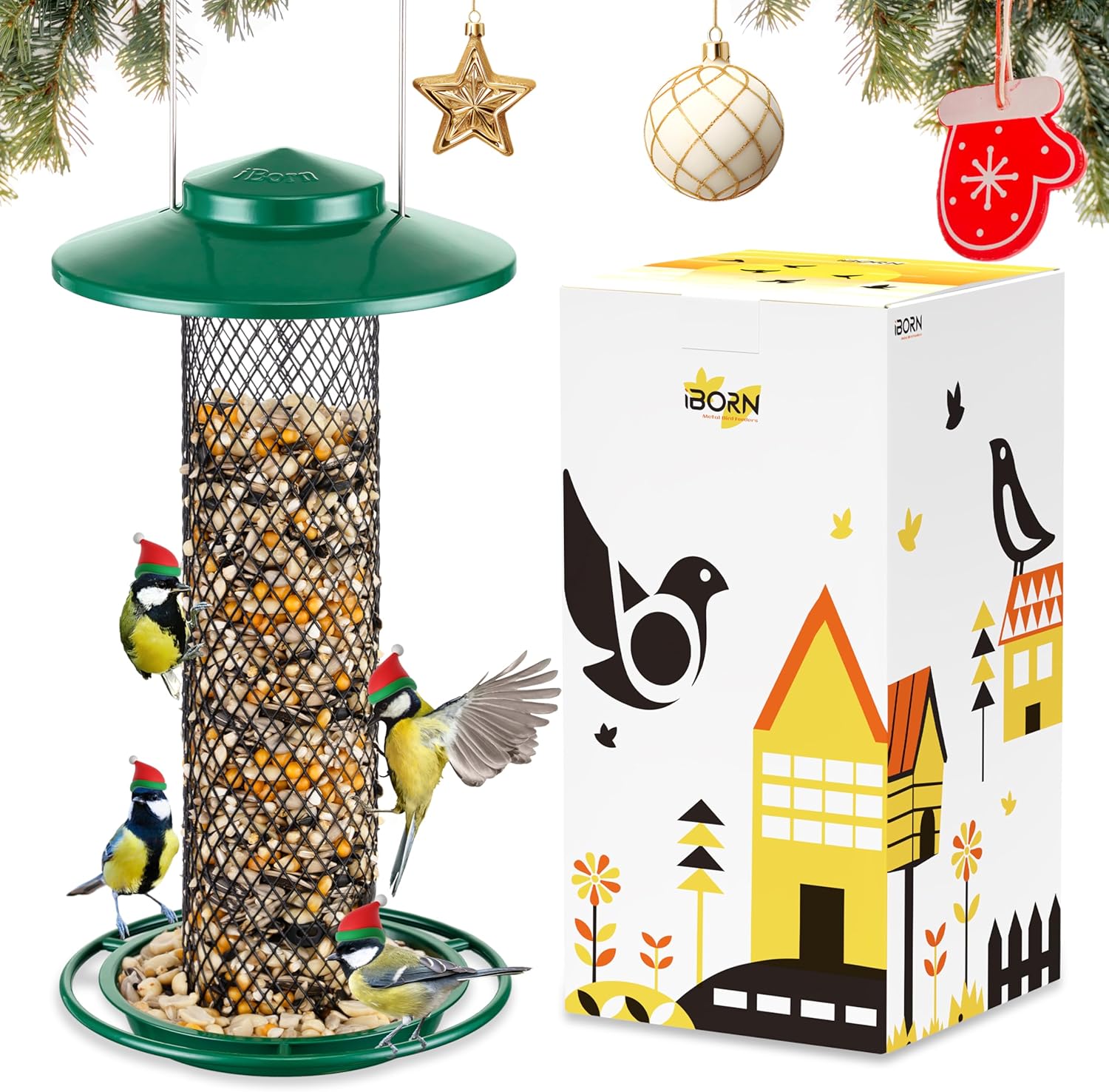 iBorn Peanut Bird Feeder,Sunflower Seed Feeder,13.5 Inch Metal Mesh Tube Bird Feeders for Outdoors Hanging,Squirrel Proof Birdfeeders for Peanut with 17cm Weatherproof Roof & Tray,2 LB Capacity,Green