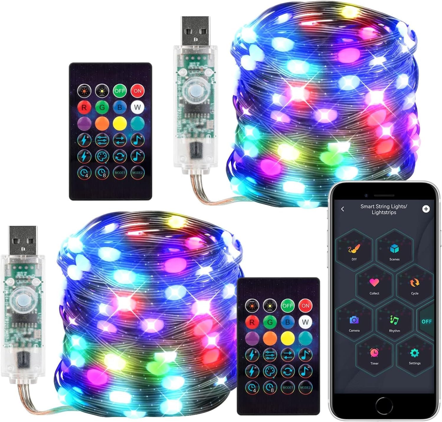 BTF-LIGHTING Smart Fairy String Light 2 Pack RGBIC WS2812B 10M USB Bluetooth Twinkle con timer e telecomando,sincronizzazione musicale Modi divertenti Colore Chasing Lights per Natale Matrimonio Festa