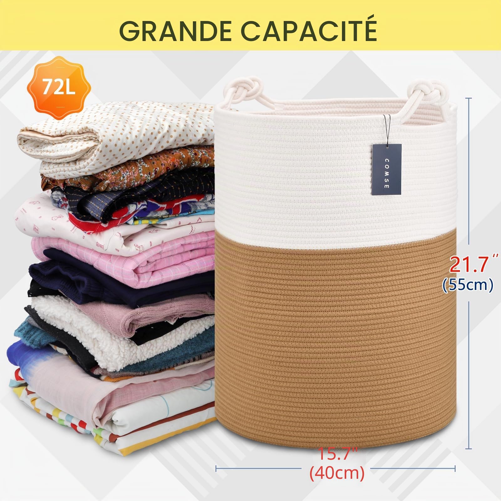 COMSE Panier de rangement extra large pour couverture, panier à linge, 40x55 cm, panier en corde de coton, rangement pour couverture pour salon, panier à jouets, paniers à vêtements, blanc/camel