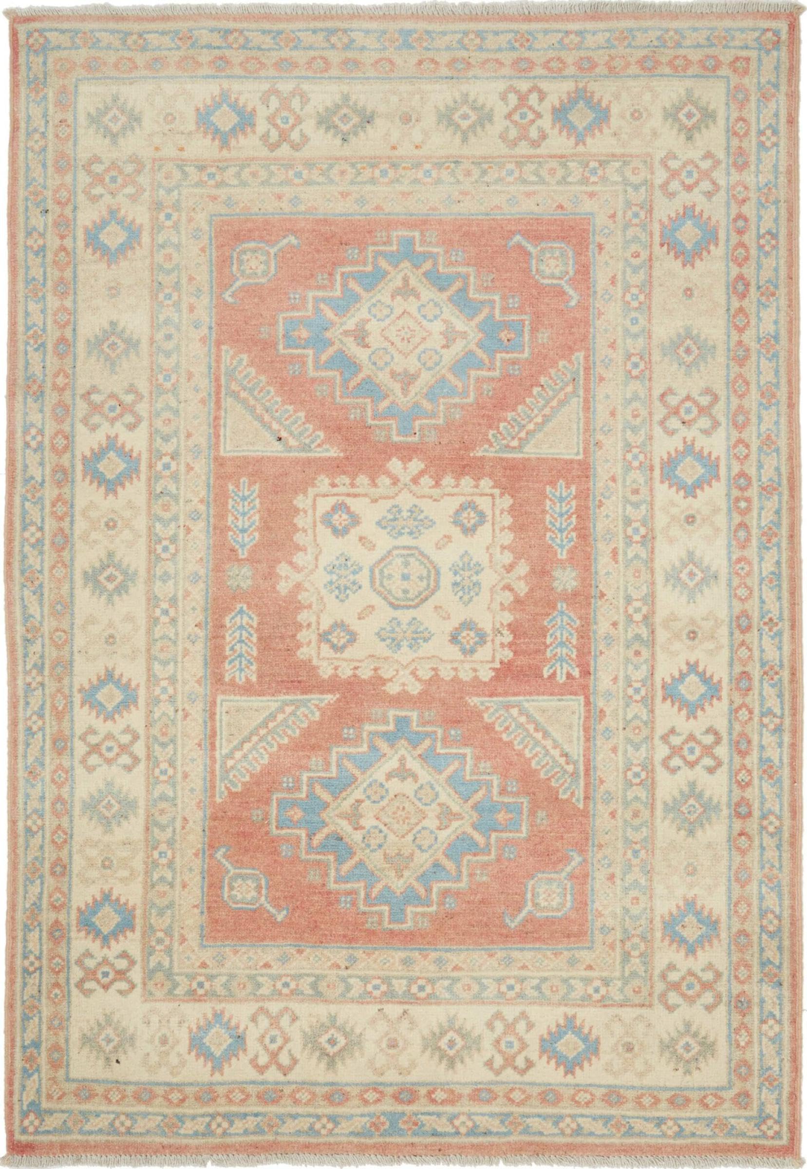 Tapis Kazak noué main en laine du Pakistan aux motifs traditionnels