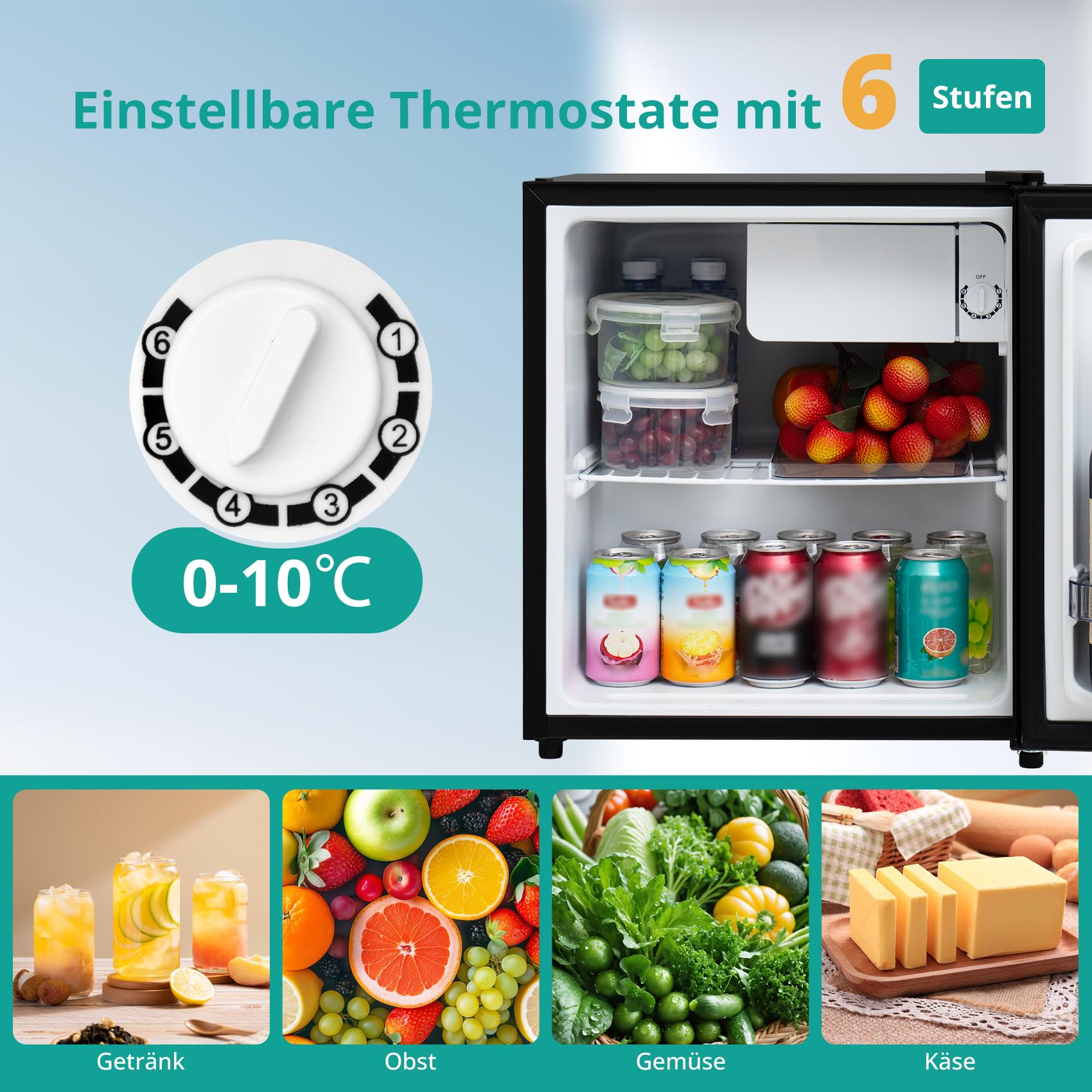 SMETA 46L Mini Kühlschrank, Klein Kühlschrank Leiser 39dB, Minikühlschrank 6-Stufen Thermostat 0-10°C, mit wechselbarem Türanschlag für Zuhause Büro Camping Schlafzimmer, Schwarz