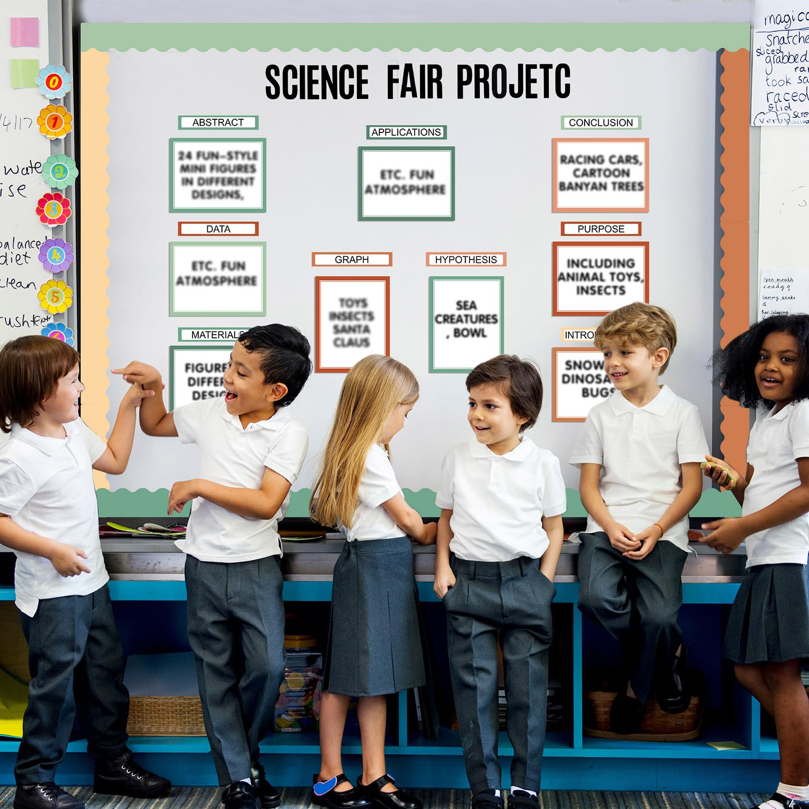 Sinload 92 szt. Science Fair materiały tablicowe, 60 wykończeń, obramowanie ogłoszeń, 18 napisów do prezentacji, 6 tytułów projektów, 8 naklejek z literami do tablic wystawowych w klasie (kolor boho)