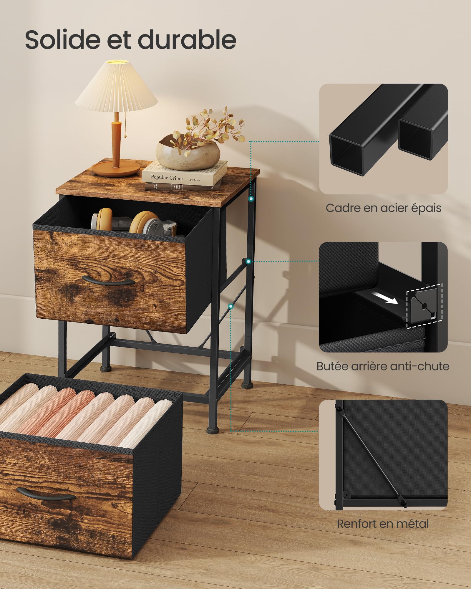 SONGMICS BELLAH Collection - Table de Chevet avec 2 Tiroirs, Table d’Appoint, pour Chambre, Cadre en Acier, Style Industriel, Marron Rustique et Noir d’Encre LGS312BH04