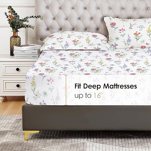 Miniatura 2 de YIYEA Sábana bajera ajustable floral con funda de almohada, sábana bajera de microfibra de doble cepillado de alta calidad, bolsillo profundo de 16