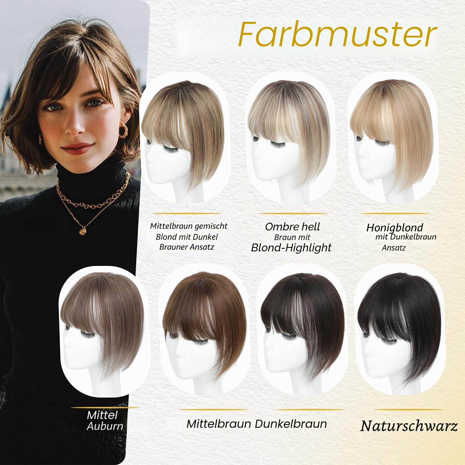 2T613 Haarteil aus 100 % Echthaar für Damen, Echthaar, 25,4 cm, Ombré-Hellbraun mit blonden Highlights, mit Pony, Schweizer Basis, Clip in Pony für dünner werdendes Haar