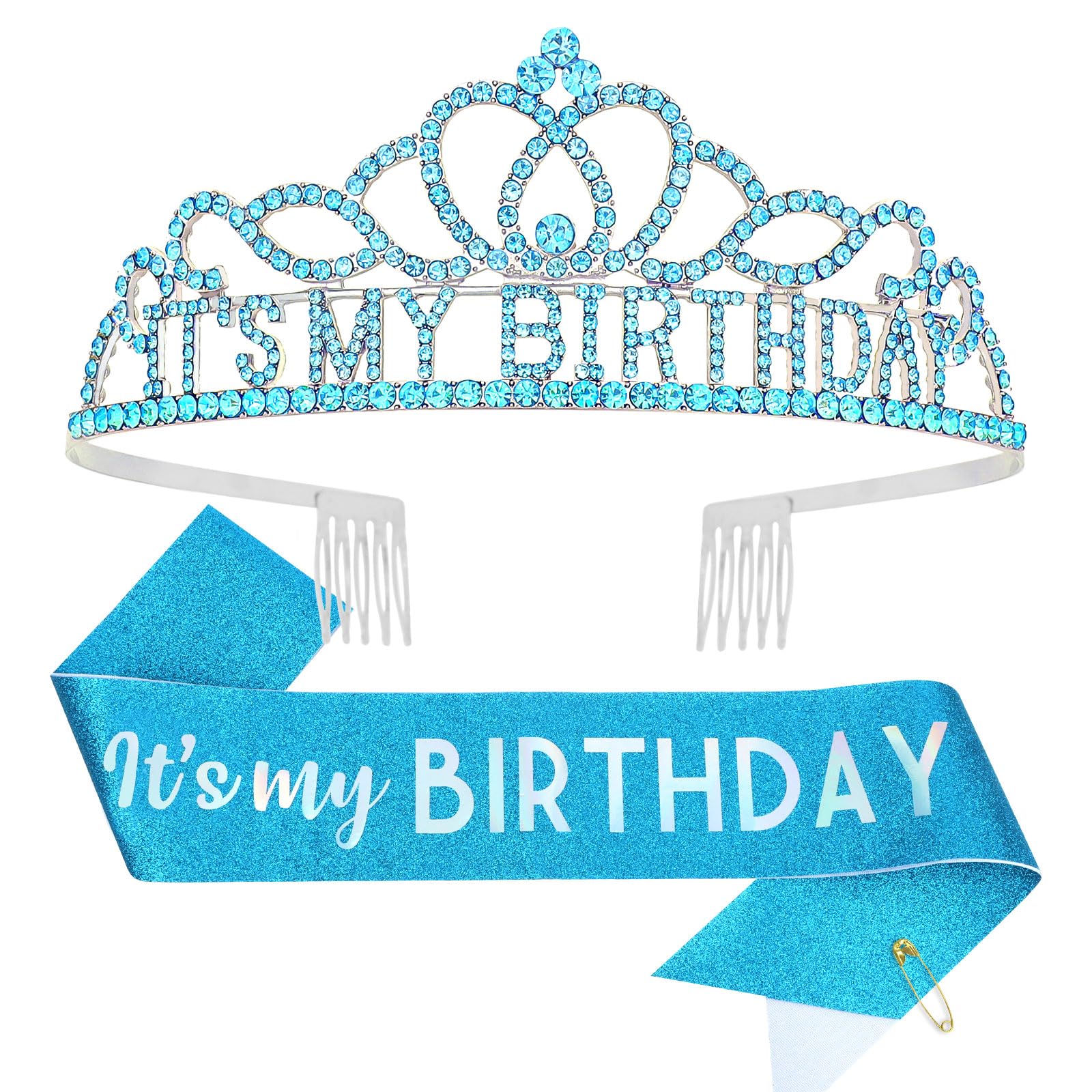 CAVETEE Birthday Crowns for Women - Its My Birthday Sash and Crown Set for Adult Women - Party Decorations and Gifts (Blue)