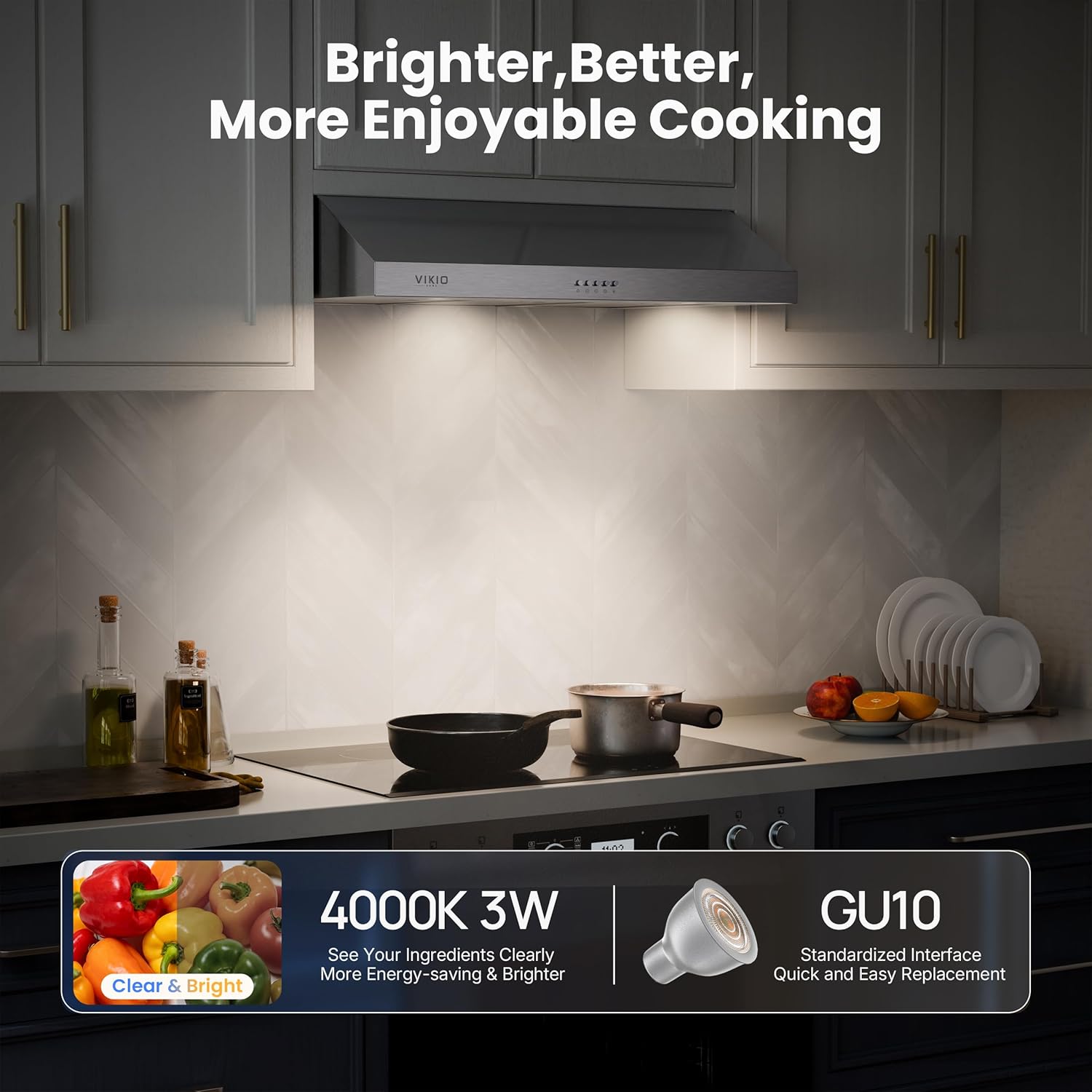 VIKIO HOME Under Cabinet Range Hood 30 Inch, 1200 CFM Dual-Motor Kitchen Vent with LED Lights, Button Control, Ducted Vent Hood, Reusable 5-Layer Aluminum Filters, Stainless Steel