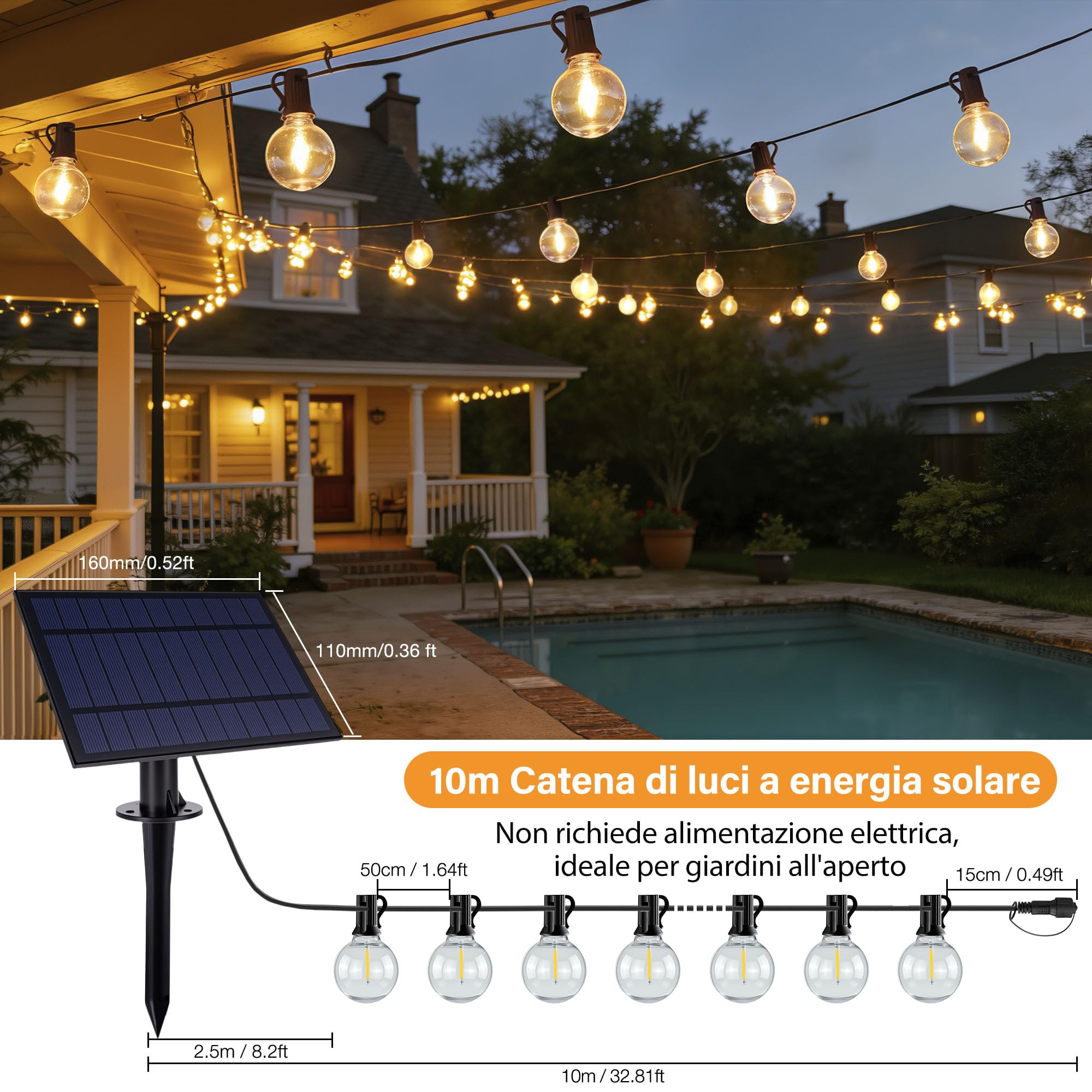 HeiPard Catena luminosa a LED Solare per Esterni, 10m, 16 + 1 G40, Dimmerabile, 3 Modalità, Telecomando per esterni, Resistente alle Intemperie, Luce Bianca Calda, Impermeabile, per giardino, balcone