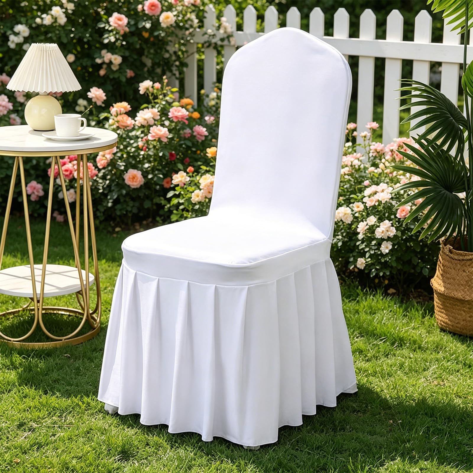 Fundas para sillas blancas, 6 unidades, universales, elásticas, de elastano, con falda, fundas lavables para sillas, elásticas, para bodas, fiestas, hoteles