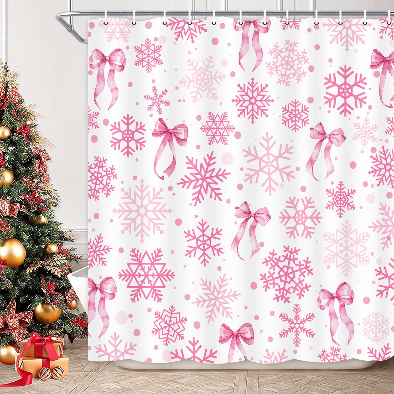 Snowflake Bow Shower Curtain, Cute Christmas Pink Christmas Winter Bowknots Dreamy Princess Bath Curtain, Girly Aesthetic Holiday Waterproof Shower Curtain Set with Hooks, 70X85IN