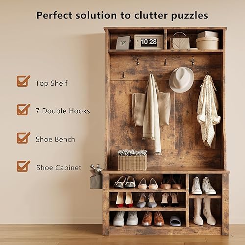 Miniatura 3 de Aiho Banco de entrada con perchero, árbol de pasillo con banco de almacenamiento para entrada, perchero 3 en 1 con tabla ajustable, armarios de